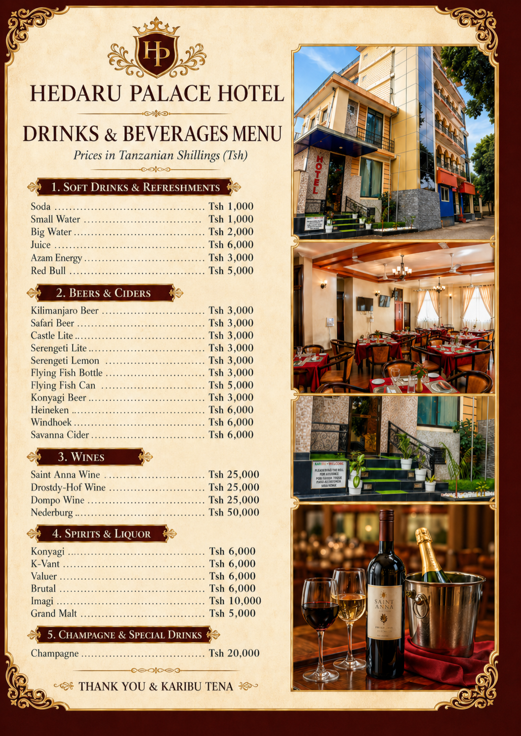 Hedaru Palace Hotel drinks and beverages menu with soft drinks, beers, wines, spirits and champagne prices